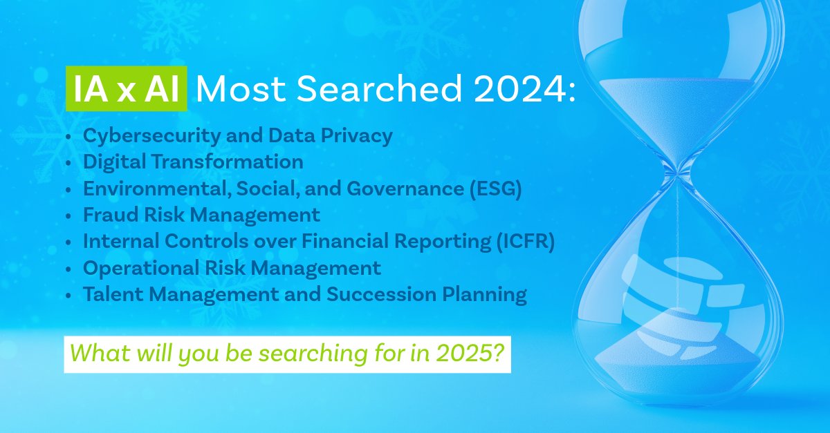 TheIIA's tweet image. According to #AI, these were the most searched topics for #internalauditors in 2024. What themes of the profession have you embraced learning this year? What areas have lost your focus? What topics are you committing to exploring in 2025? #NewYear #NewGoals #Motivation