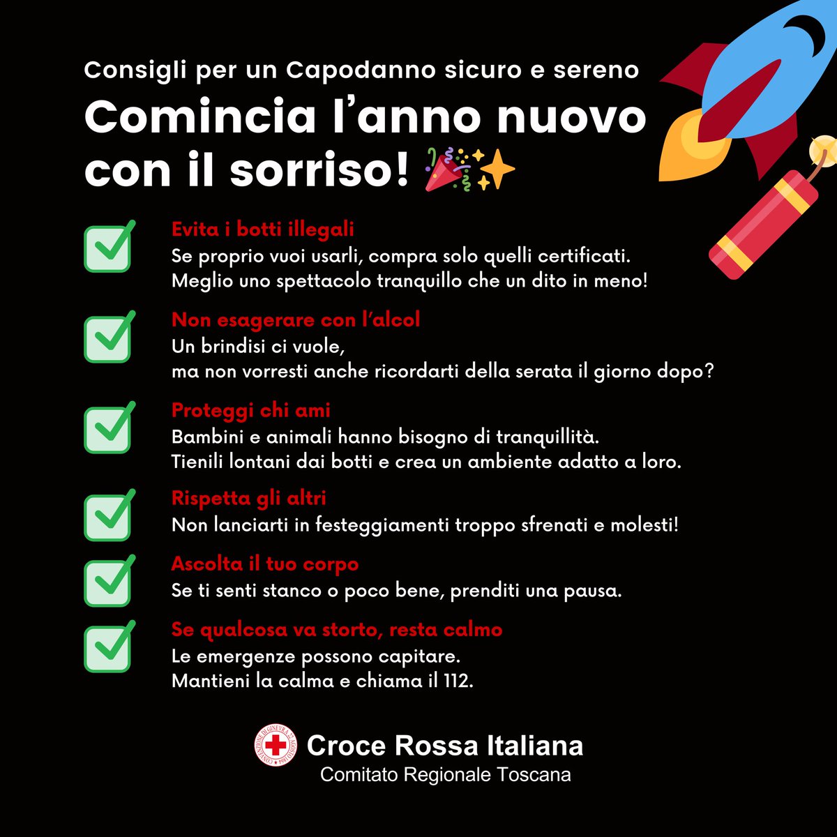 🚀🧨 Capodanno in arrivo? Ricorda di festeggiare senza la Croce Rossa! Brinda con la testa, fuochi in sicurezza e goditi il momento con chi ti è accanto, lasciando un po’ il telefono da parte. 
Buon anno a tutti! 🥂✨ 

#Capodanno