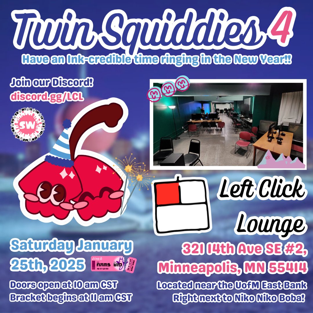 SquidWest's tweet photo. 🍒Ring in the New Year with Twin Squiddies #4! Are you near Minneapolis, Minnesota and you LOVE Splatoon?

You can connect &amp; play with other Splatoon Gamers at Left Click Lounge on January 25th 2025! Don't miss out! #splatoon #compsplatoon #splatoonLAN https://t.co/eu8GhbNebM