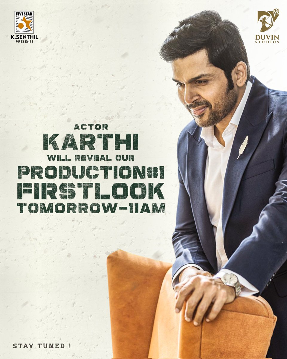 rameshlaus's tweet photo. Mr. Versatile @karthi_offl to unveil  first look and title of #productionno1 produced by #DuvinStudios and presented by Five Star #KSenthil @5starsenthilk

#MrVersatileKarthi #SSR19 https://t.co/xYFJFhjlmo