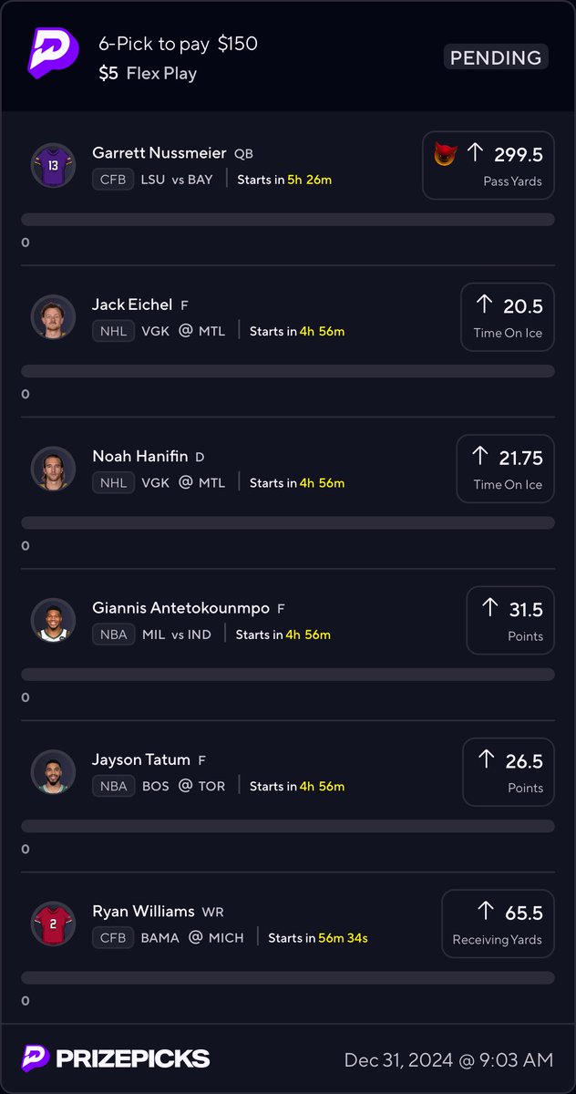 DankdataAI's tweet image. Locked in a 6-pick Flex Play:
Garrett Nussmeier: Over 299.5 Pass Yds
Jack Eichel: Over 20.5 TOI
Noah Hanifin: Over 21.75 TOI
Giannis Antetokounmpo: Over 31.5 Pts
Jayson Tatum: Over 26.5 Pts
Ryan Williams: Over 65.5 Rec Yds Let’s ride.
#PrizePicks #GamblingX