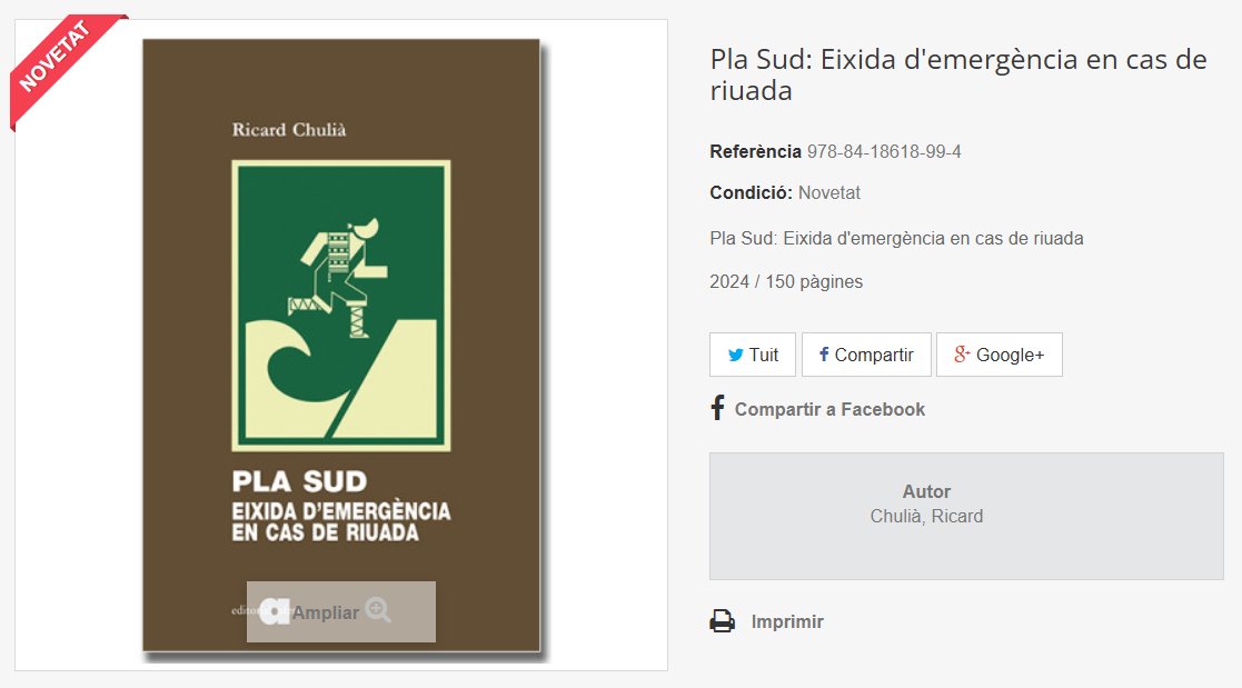 RicardChulia's tweet image. 📢Ja podeu encomanar “#PlaSud, eixida d'#EmergènciaPV en cas de riuada” a la botiga de l' @editorialafers! ➡️editorialafers.cat/botiga/ca/els-…
Analitzem la catàstrofe de la DANA del 29 d'octubre amb les ulleres d'@EmergenciaPV.
Any nou, llibre nou! :P