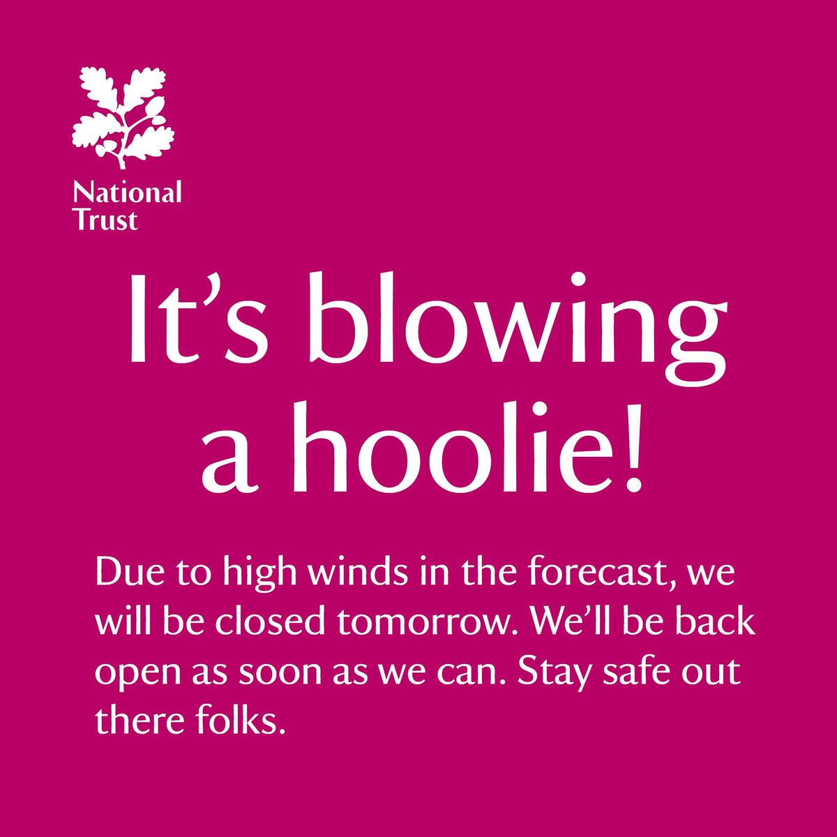 For everyone’s safety, we will be closed on New Year’s Day due to forecasted high winds. We plan to re-open as usual from Thursday but please do keep checking our website and social media for updates.