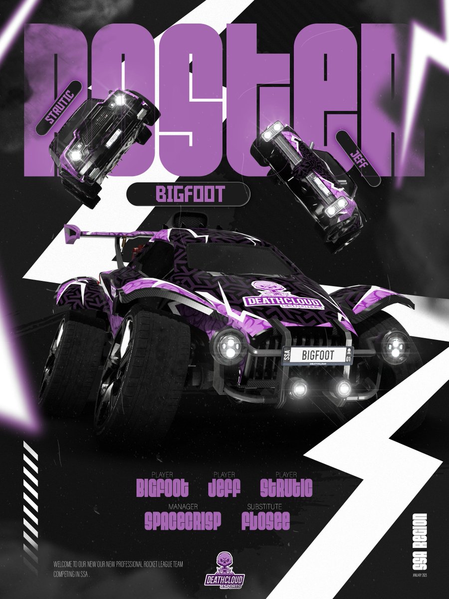 Death Cloud Esports (@deathcloudorg) on Twitter photo ⚡️FINISHING 2024 WITH THUNDER⚡️
We are very pleased to announce our 2025 RLCS SSA Roster!
🇿🇦 <a href="/BigFootBoss26/">BigFoot-26</a>
🇭🇺<a href="/Struticrl/">Strutic</a>
🇿🇦 <a href="/JeffBrrrBrrr/">Jeff</a>
(S) 🇿🇦 <a href="/_Flosee/">flosee</a>
(M) 🏴<a href="/TheSpacecrisp/">Spacecrisp</a> ⚡️FINISHING 2024 WITH THUNDER⚡️
We are very pleased to announce our 2025 RLCS SSA Roster!
🇿🇦 <a href="/BigFootBoss26/">BigFoot-26</a>
🇭🇺<a href="/Struticrl/">Strutic</a>
🇿🇦 <a href="/JeffBrrrBrrr/">Jeff</a>
(S) 🇿🇦 <a href="/_Flosee/">flosee</a>
(M) 🏴<a href="/TheSpacecrisp/">Spacecrisp</a>