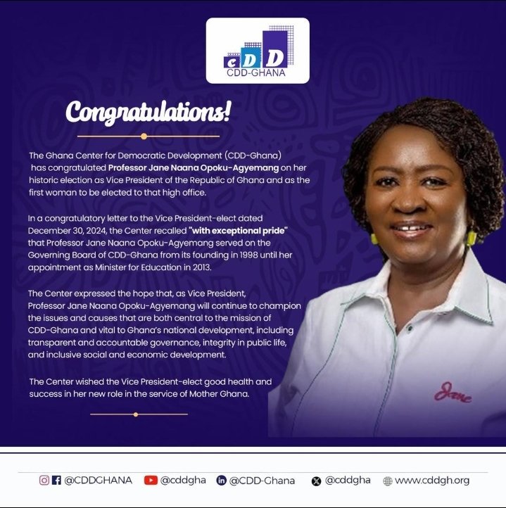 WatchWomanEdem's tweet image. Historic milestone! 🎉 CDD-Ghana congratulates Prof. Jane Naana Opoku-Agyemang on becoming Ghana's first female Vice President. A proud moment for Ghana and women in leadership! #BreakingBarriers #GhanaLeadership #WomenInPower