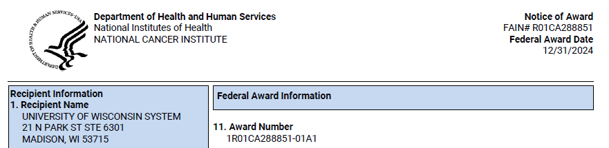Quanyin Hu (@quanyinhu_lab) on Twitter photo A great way to warp up the year of 2024. We received the NoA of another R01 award from <a href="/theNCI/">National Cancer Institute</a> on the last day of year 2024! Thanks for the support. Happy New Year! Look forward to a greater 2025. <a href="/UWMadPharmacy/">UW–Madison School of Pharmacy</a> <a href="/UWMadison/">UW–Madison</a> A great way to warp up the year of 2024. We received the NoA of another R01 award from <a href="/theNCI/">National Cancer Institute</a> on the last day of year 2024! Thanks for the support. Happy New Year! Look forward to a greater 2025. <a href="/UWMadPharmacy/">UW–Madison School of Pharmacy</a> <a href="/UWMadison/">UW–Madison</a>