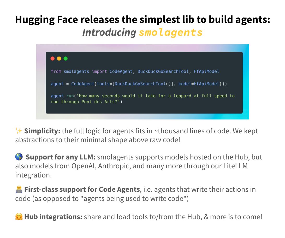m_ric (@aymericroucher) on Twitter photo For months, we've worked on building <a href="/huggingface/">Hugging Face</a>'s new moonshot: agentic systems.
So today we're very proud to announce the release of 𝚜𝚖𝚘𝚕𝚊𝚐𝚎𝚗𝚝𝚜!
It's the simplest library we could make to let people build powerful agents.
💥 The main logic for agents fits in ~1000 For months, we've worked on building <a href="/huggingface/">Hugging Face</a>'s new moonshot: agentic systems.
So today we're very proud to announce the release of 𝚜𝚖𝚘𝚕𝚊𝚐𝚎𝚗𝚝𝚜!
It's the simplest library we could make to let people build powerful agents.
💥 The main logic for agents fits in ~1000