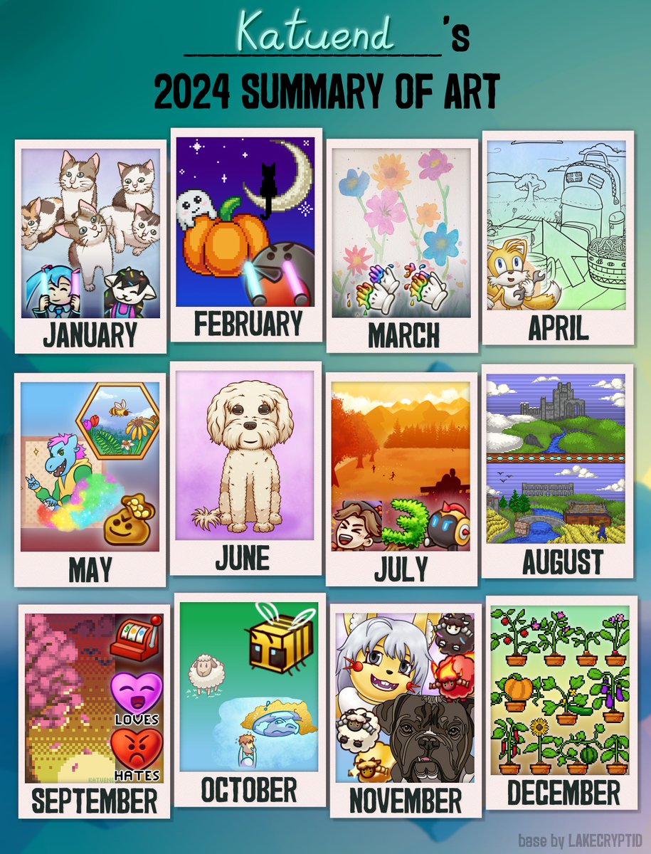 katuend's tweet image. Oh man, what a year. I've done such a variety of things and it's been such good fun! From emotes, pixel art, cross stitch and rock painting (which didn't fit in!), illustrations and so much more. I can't wait to see what a new year will bring
#2024summaryofart #art