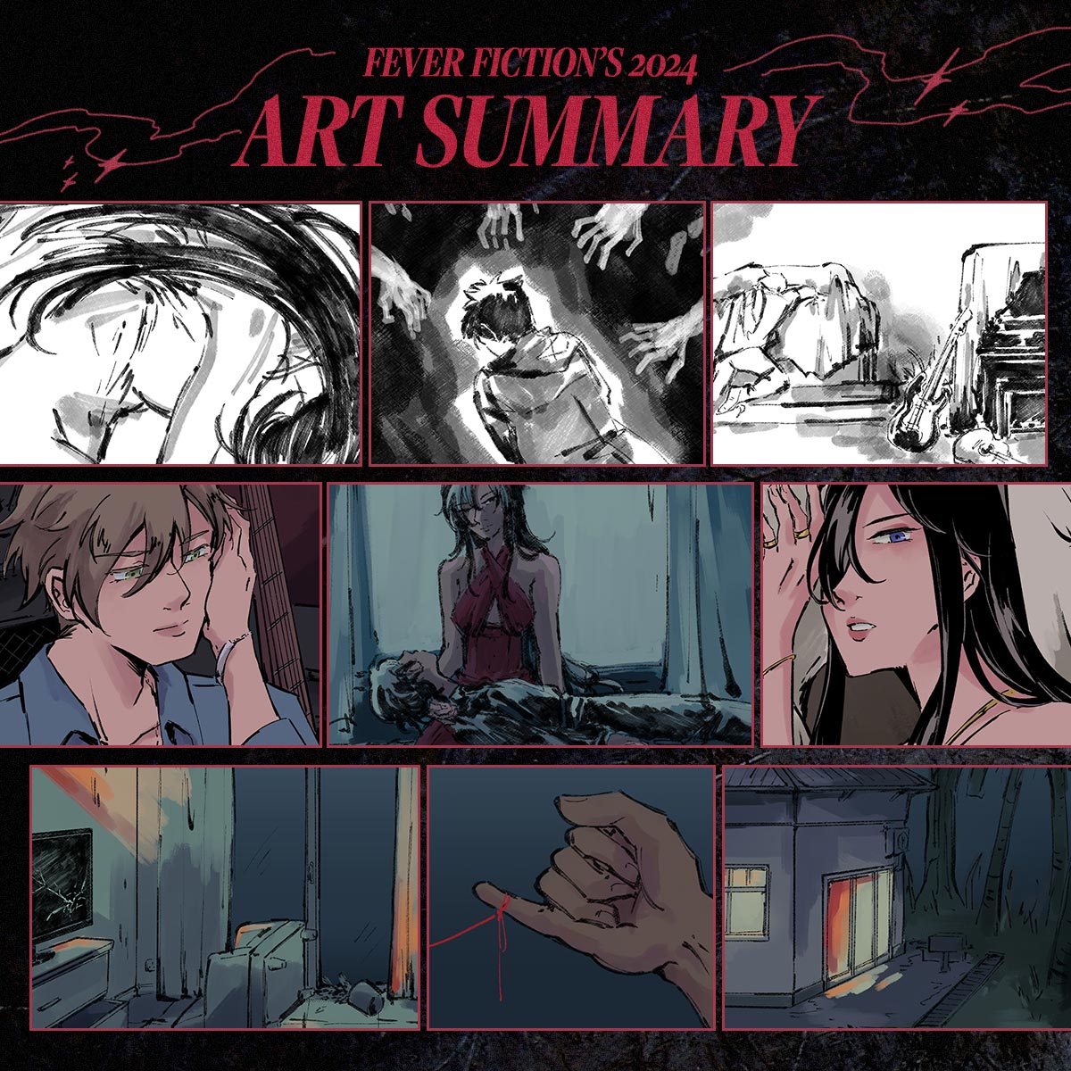 FEVER_FICTION's tweet photo. 2024 art summary that i slapped together one(1) hour before the year is over!!! lumped everything together this time because i either drew everything in the same month or nothing https://t.co/nQwdFBTVfV