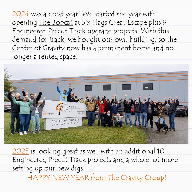 thegravitygroup (@thegravitygroup) on Twitter photo Happy New Year from The Gravity Group! #TheBobcatCoaster
#EngineeredPrecutTrack
#Timberliner
#ThouShaltNotSteel
#CenterOfGravity
#HappyNewYear2025 Happy New Year from The Gravity Group! #TheBobcatCoaster
#EngineeredPrecutTrack
#Timberliner
#ThouShaltNotSteel
#CenterOfGravity
#HappyNewYear2025