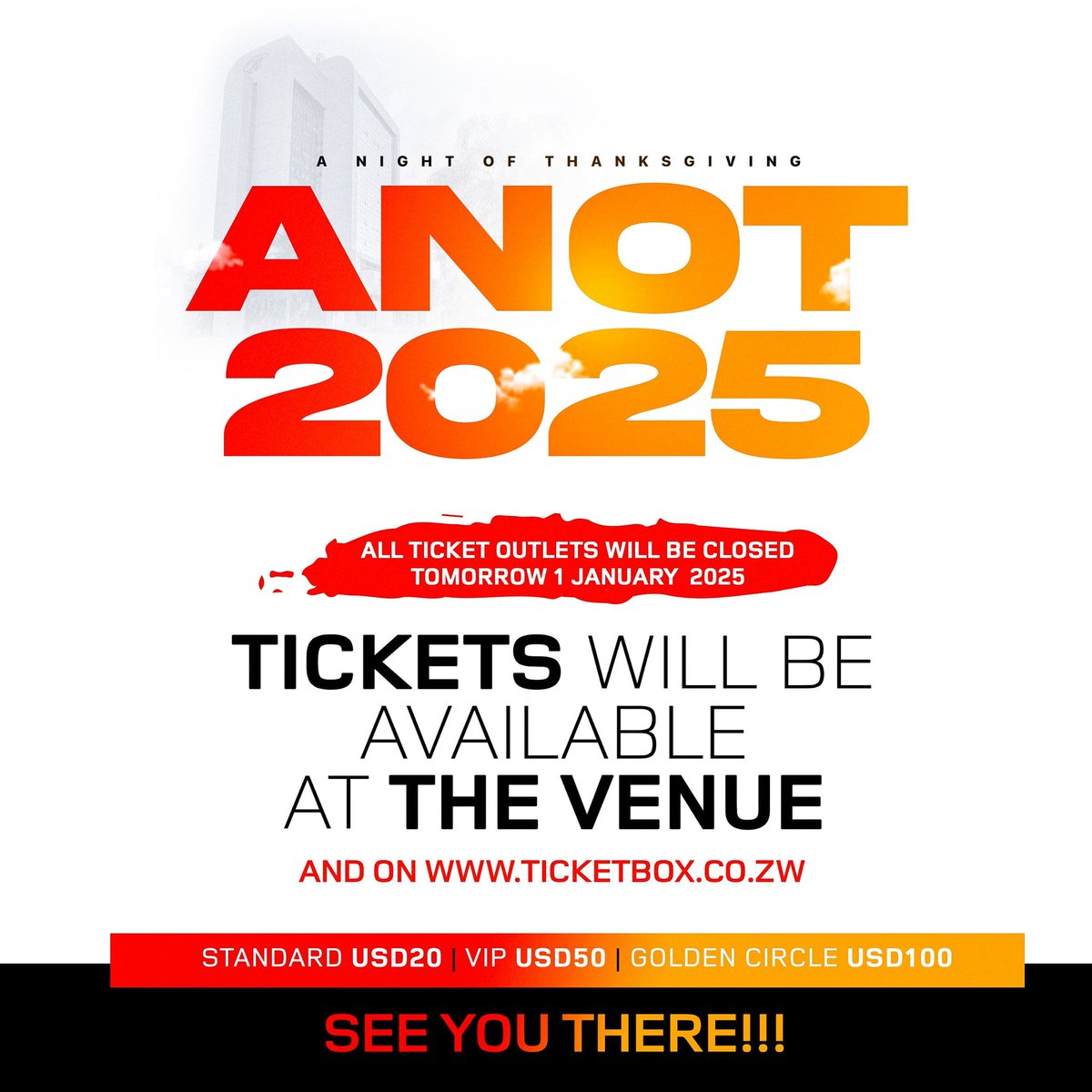 ANOT Ticket Update‼️

Kenklink Pharmacies, Wordwide Bookstore and Subs n Mo will be closed tomorrow. You can get your tickets at HICC or visit ticketbox.co.zw. 

#ANOT #GraceUponGrace #5in5
