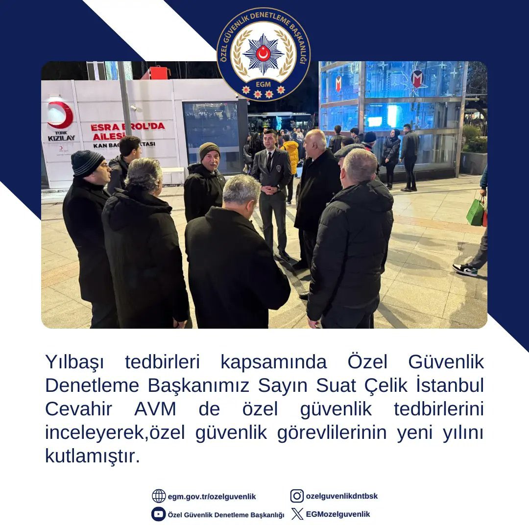 GuvenlikAjans's tweet photo. Özel Güvenlik Denetleme Başkanı Suat ÇELİK , Yılbaşı tedbirleri kapsamında İstanbul Cevahir AVM de özel güvenlik tedbirlerini inceleyerek,özel güvenlik görevlilerinin yeni yılını kutlamıştır.
@EGMozelguvenlik 
@TC_icisleri 
#özelgüvenlik https://t.co/cbAI9wzh94
