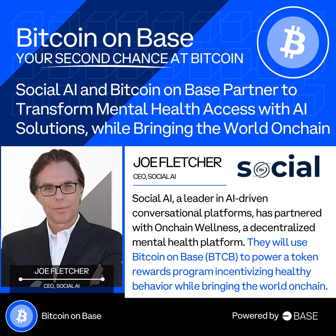 BTC_On_Base's tweet photo. Bitcoin on Base has partnered with @RealSocialAI, a @MarioNawfal portfolio company! 

@OnchainWellness will provide AI Solutions to Revolutionize Mental Health Care Access for the Crypto Community w/ $BTCB rewards

🌐https://t.co/mTU9PrhWsO

Press Release: https://t.co/qUqR3NhgmS https://t.co/BwltSOqdfj