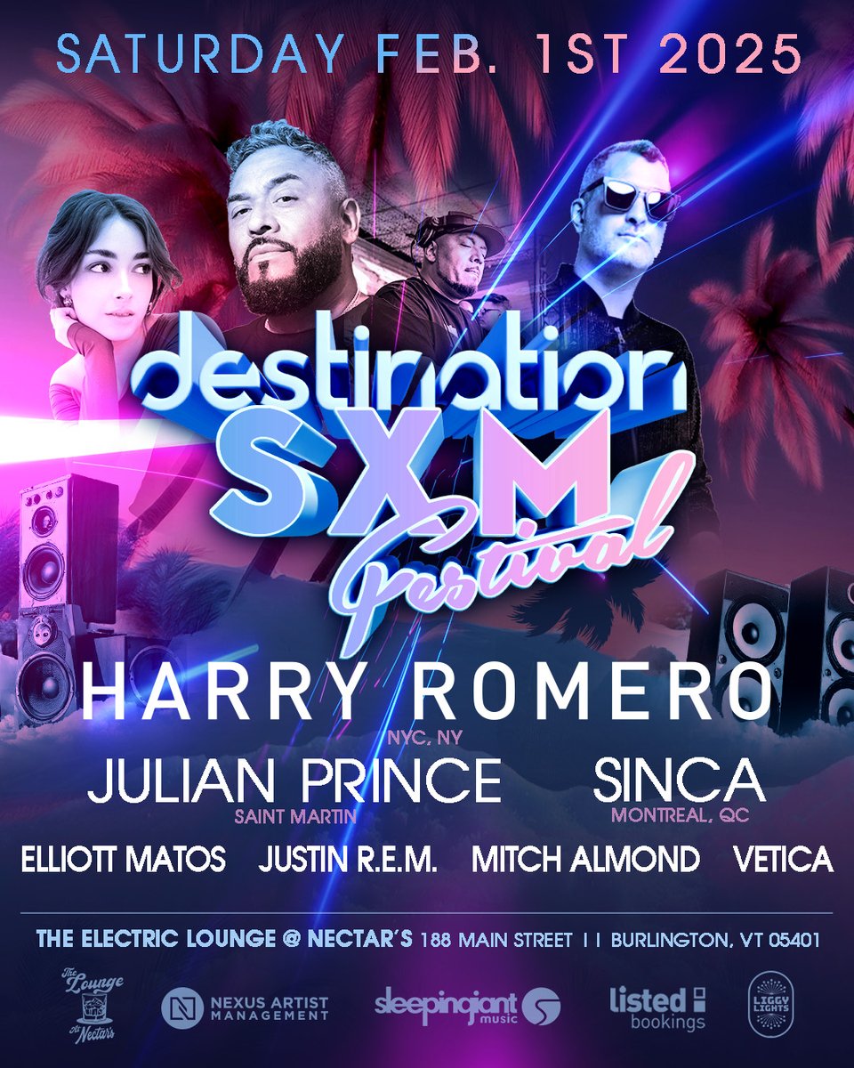 ⚡️DESTINATION SXM arrives in BTV on 2/1/2025 ⚡️

(A_Z)
HARRY ROMERO _ (NYC)
JULIAN PRINCE _ (SAINT MARTIN)
SINCA _  (MONTREAL)

feat. 
Elliott Matos / Justin R.E.M. / Mitch Almond / Vetica on support!

FULL EVENT INFO &amp; TIX:
facebook.com/events/2285981…

<a href="/SXMFestival/">SXM Festival</a> ($30 ADV)