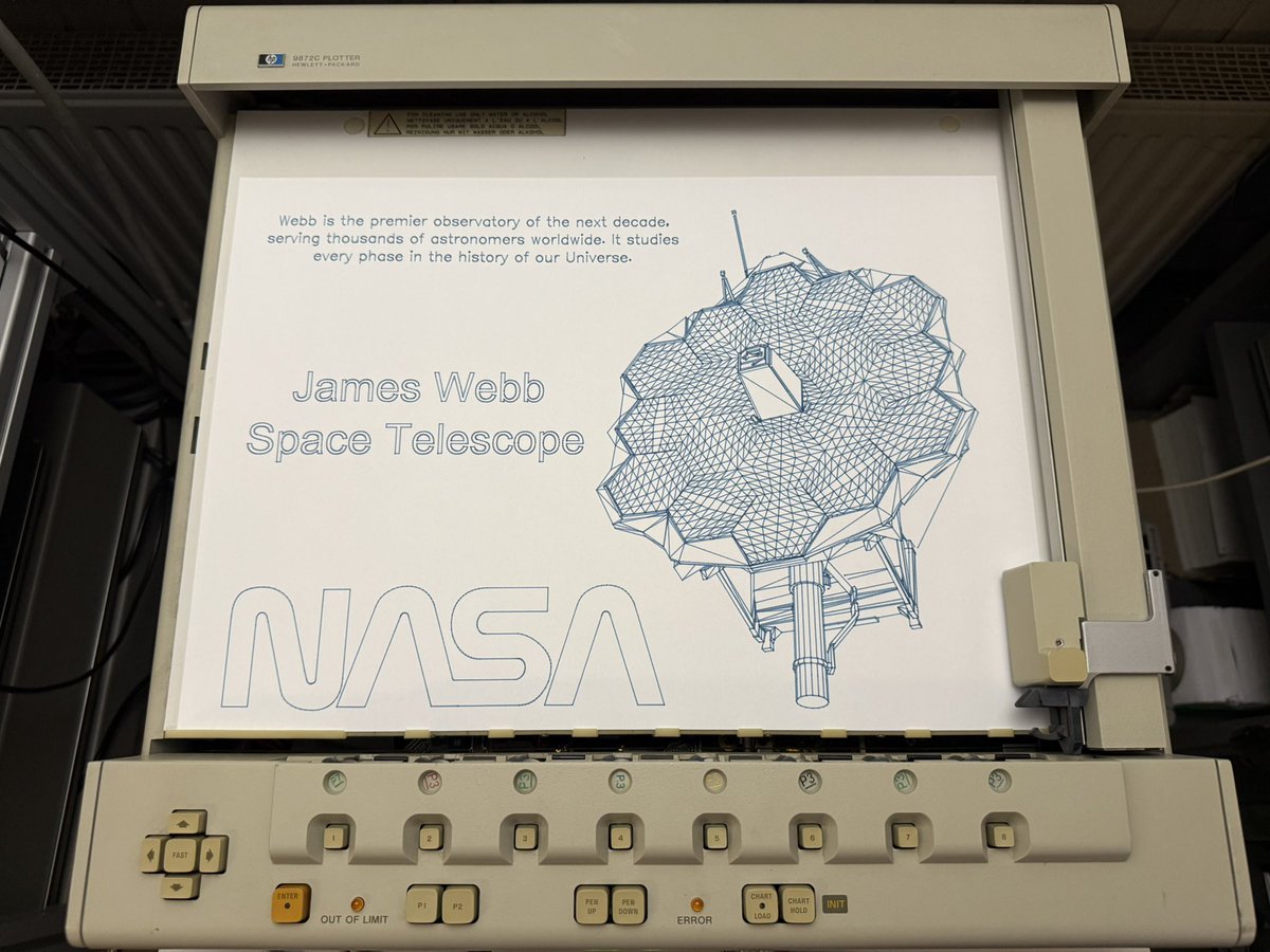 BoscoMac's tweet image. HP 9872C plots HPGL graphics from James Webb Space Telescope 

On YouTube you can find a video showing how the picture was created.

youtu.be/5Tsjv24YYBw

#hpplotter #plotter #9872 #hp9872c #hpgl