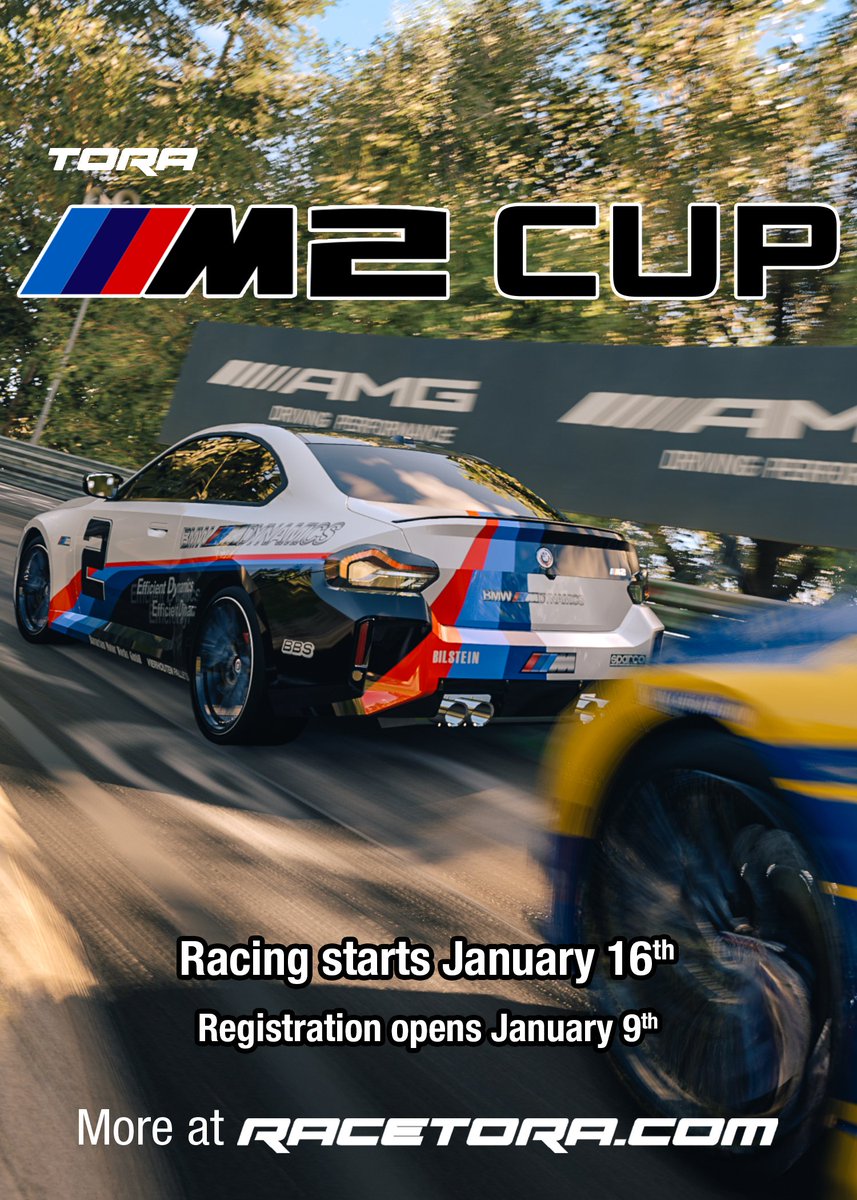 TheReal_TORA's tweet photo. Announcing our next weekday series 🗓️

The M2 Cup is a classic TORA Spec series, with a great track list and a balanced car build. 

Registration opens Jan. 9th, with Round #1 starting Jan. 16th. 

#WeAreTORA #M2Cup https://t.co/sJam8HdKxj