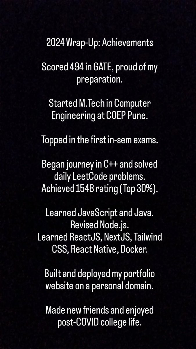 Rakesh_Dev_'s tweet photo. 2024 wrapup 🚀
#gate2024 #growth #webdev #learning #developer #leetcode #coding #problemsolving #reactnative #mobiledev #programming #reactjs #nodejs #reactnative #collegelife #coep #c++ https://t.co/8DN3I3AlHv