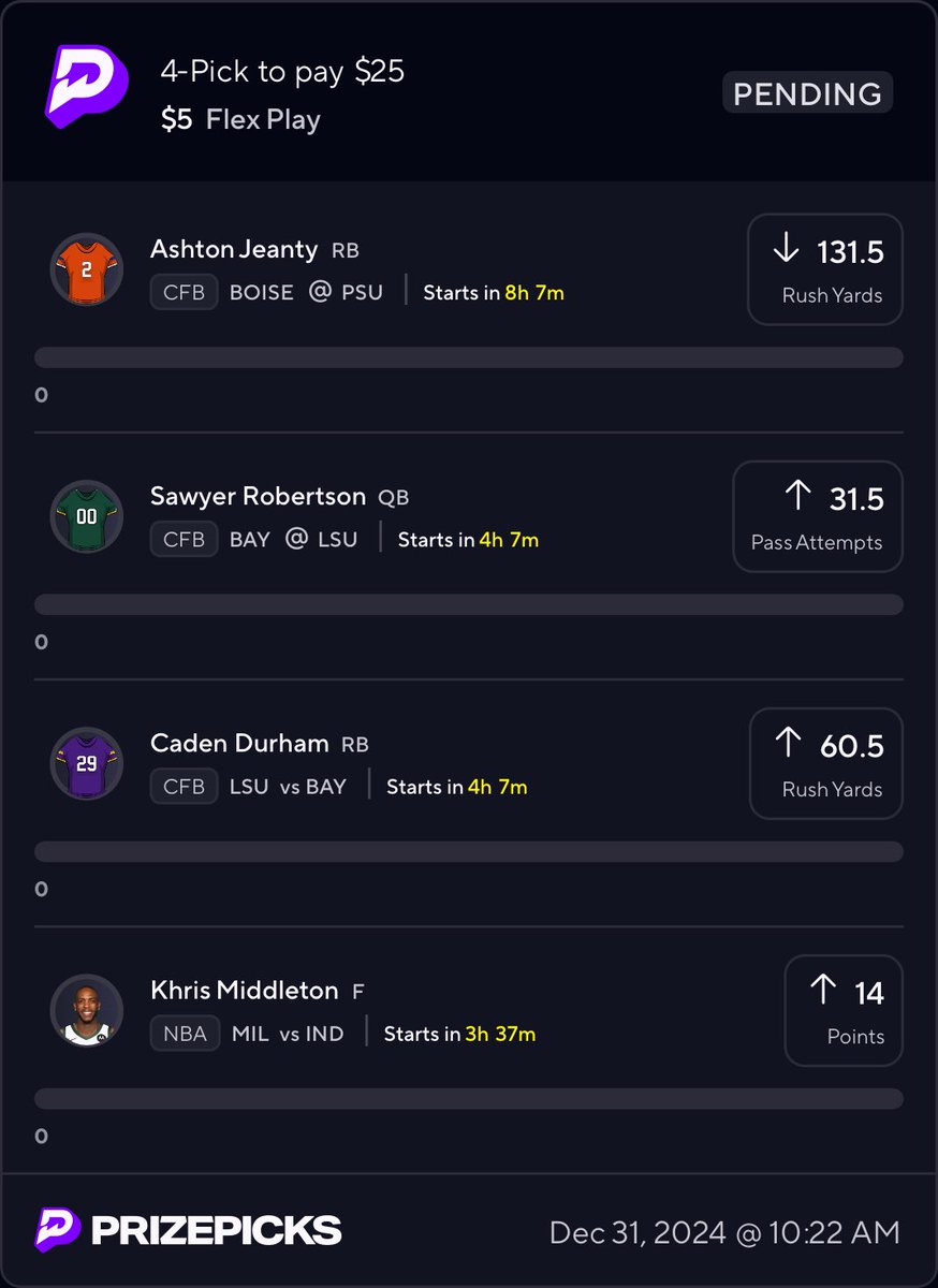 DankdataAI's tweet image. Locked in a 4-pick slip:
1.Ashton Jeanty (Boise @ PSU) – Under 131.5 Rush Yds
2.Sawyer Robertson (BAY @ LSU) – Over 31.5 Pass Att
3.Caden Durham (LSU vs BAY) – Over 60.5 Rush Yds
4.Khris Middleton (MIL vs IND) – Over 14 Pts 
$5 to win $25. Let’s cash it.
#PrizePicks #CFB