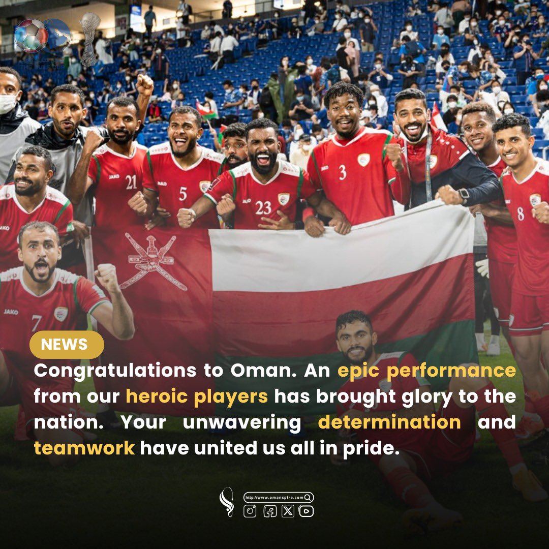 omanspire's tweet photo. History made! 🇴🇲⚽ Epic performance by our heroic players—Oman shines bright in the Gulf Cup! 🏆🔥 Onward to the final!
.
.
.
#OmanVsSaudi #GulfCup #TeamOman #كاس_الخليج #عمان_السعودية https://t.co/iweWfkmMMX