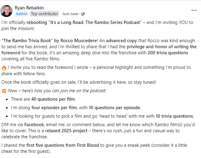 ItsALongRoadTh1's tweet photo. I’m officially rebooting "It’s a Long Road: The Rambo Series Podcast" – and I’m inviting YOU to join the mission! READ THE PICS for details!
#Rambo #FirstBlood #RamboFirstBlood #RamboFirstBloodPart2 #Rambo3 #Rambo2008 #RamboLastBlood #JohnRambo #RamboSeries #SylvesterStallone https://t.co/Kp0CnJR1c7