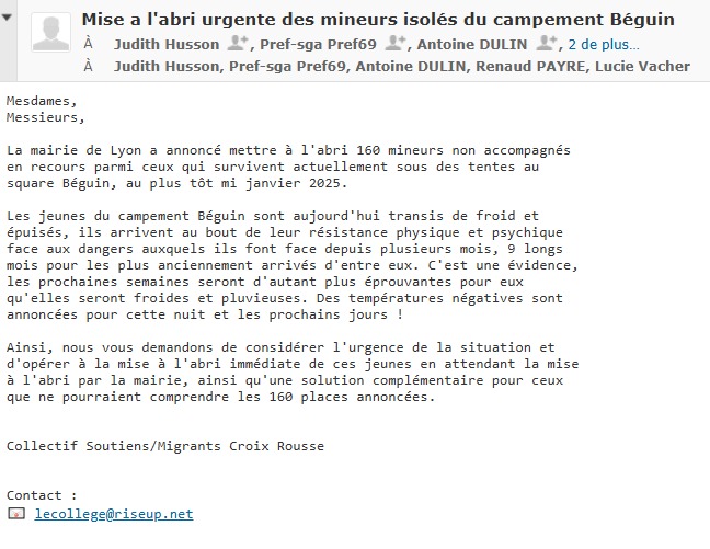 ❄️- 2°C annoncés cette nuit.❄️
Les mineurs en recours du campement Béguin sont à bout de force et frigorifiés.
Nous renouvelons auprès de <a href="/prefetrhone/">Préfète de région Auvergne-Rhône-Alpes et du Rhône</a>  et <a href="/grandlyon/">Métropole de Lyon</a> notre demande de mise à l'abri d'urgence en attendant le relogement annoncé par <a href="/villedelyon/">Ville de Lyon</a>  dans qques semaines.