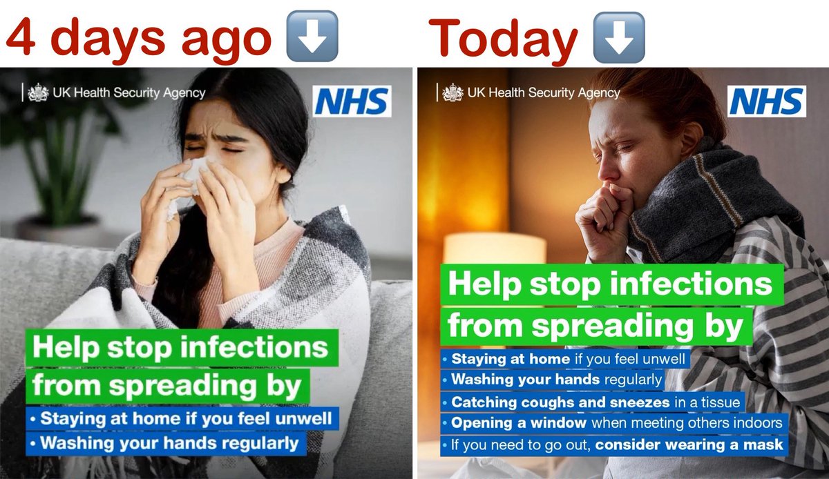 🔎 SPOT THE DIFFERENCE

After weeks of having every single social media post being bombarded with people telling them how inadequate their advice was for not including any steps to prevent transmission of AIRBORNE viruses…

…guess what <a href="/UKHSA/">UK Health Security Agency</a> have FINALLY added to their advice?
