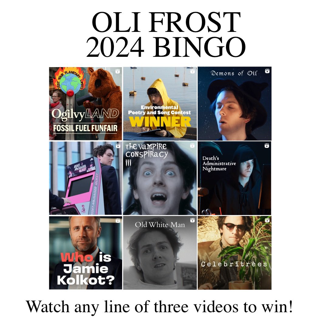 Here’s a bingo card of videos I made in 2024. I don’t consistently post my work on here, but if you’d like to keep in touch, you can find me on any of the other apps.