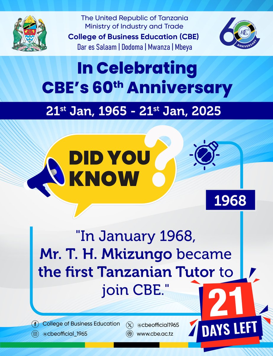 cbeofficial1965's tweet photo. In Celebrating CBE's 60th Anniversary
21st Jan, 1965 - 21st Jan, 2025

✨ Did You Know? ✨

"In January 1968, Mr. T. H. Mkizungo became the first Tanzanian Tutor to join CBE."

#Tanzania #Germany
#CBE
#EducationJourney
#BusinessExcellence
#businesseducation
#Tutor https://t.co/xancEHjlDM