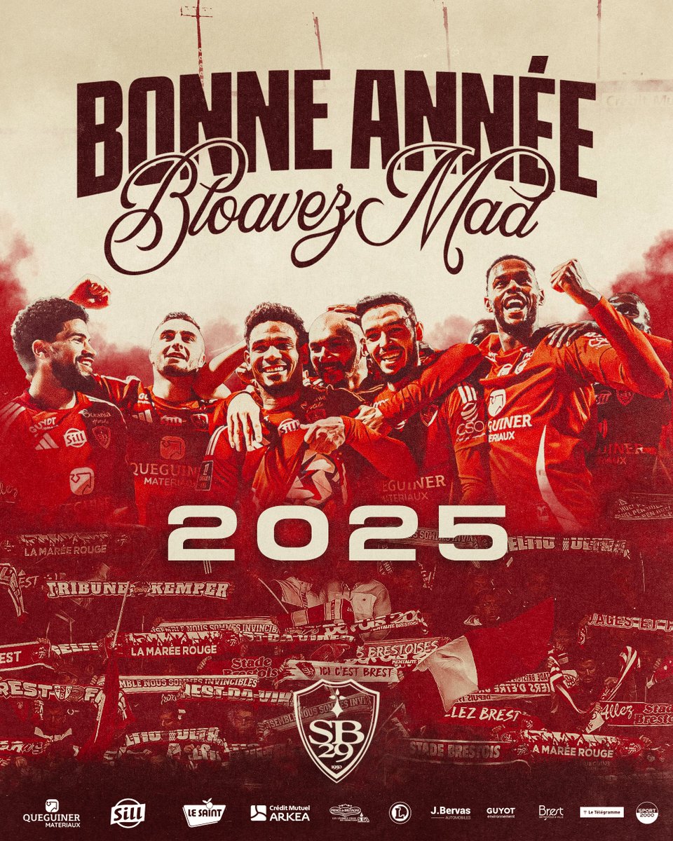 𝗕𝗹𝗼𝗮𝘃𝗲𝘇 𝗠𝗮𝗱 𝟮𝟬𝟮𝟱 𝗮̀ 𝘁𝗼𝘂𝘀 ! 🔴⚪⚔
Le Stade Brestois vous souhaite ses meilleurs voeux pour cette nouvelle année ! #AllezBrest