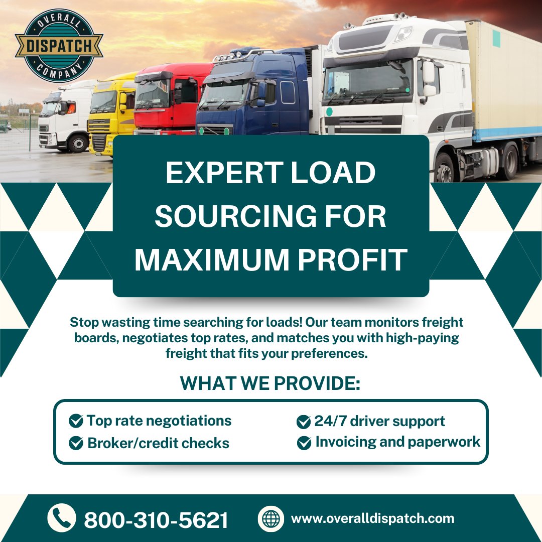 OverallDispatch's tweet image. EXPERT LOAD SOURCING FOR MAXIMUM PROFIT 🚛
Stop wasting time searching for loads! Let us handle the hard work while you focus on the road. 💼 Our team monitors freight boards, negotiates top rates, and matches you with high-paying freight tailored to your preferences.