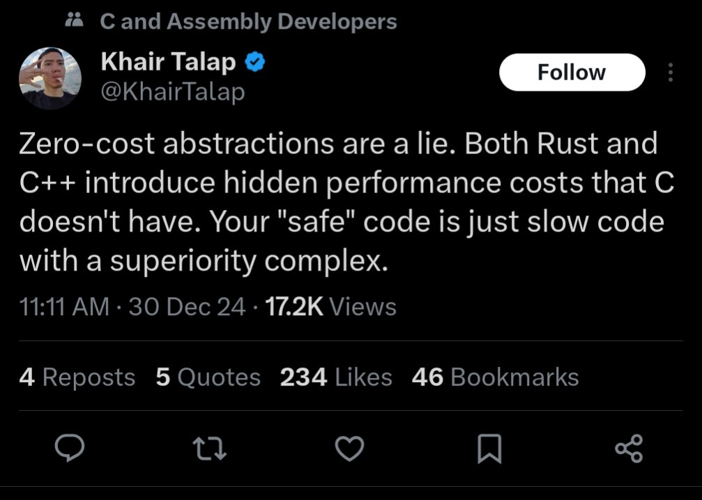Posts like this are engagement bait, if you actually want to understand what zero cost abstractions are (and the limits of the definition) instead of trying to feel superior while accusing others of superiority complex, read on👇