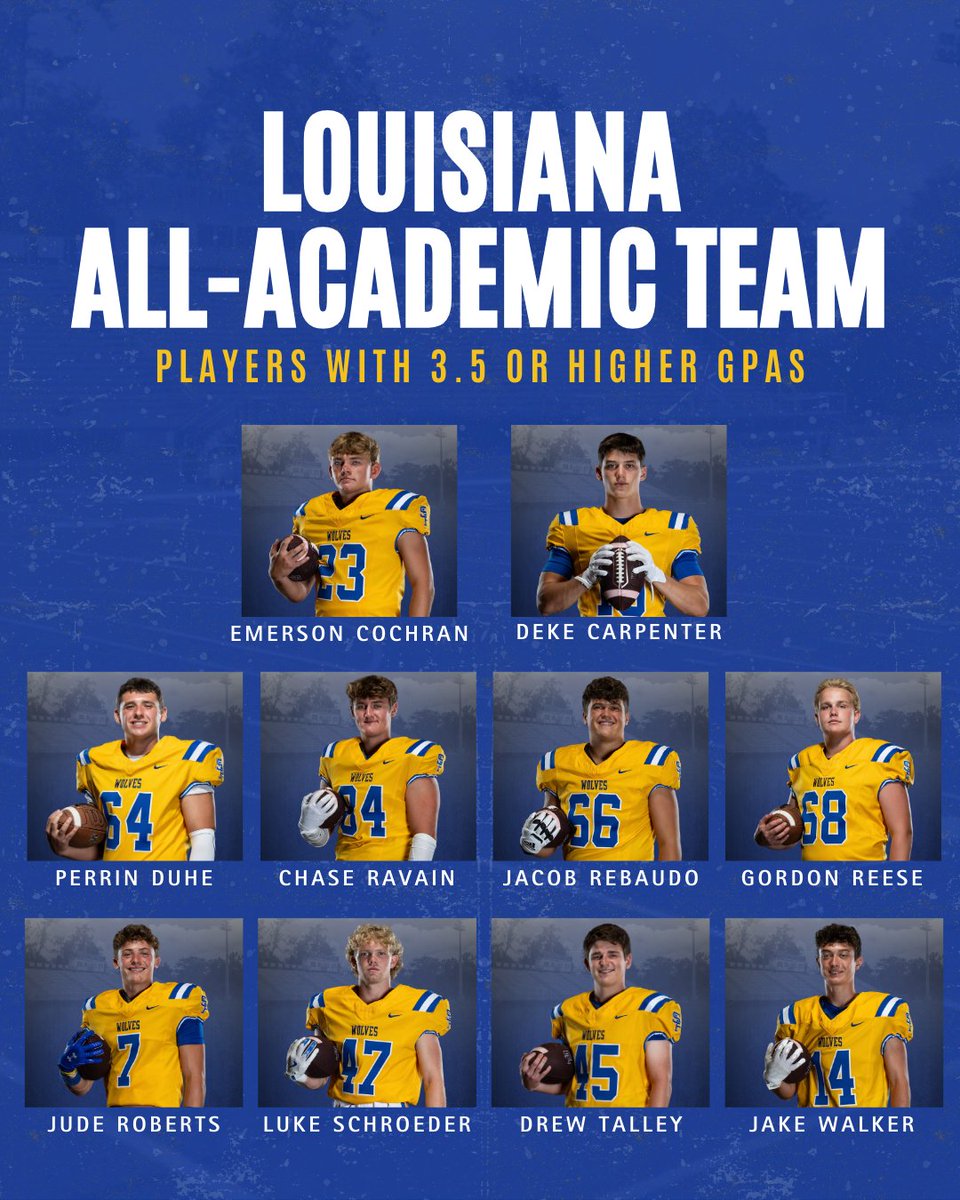 Saint Paul's Football (@wolvesfootball_) on Twitter photo Louisiana Composite All-Academic Team (4.0 GPA - All Classes):
<a href="/DrewTalley15/">Drew Talley</a> <a href="/DuhePerrin1226/">Perrin Duhe</a>
Louisiana All-Academic Team (3.5+ GPA):
Emerson Cochran <a href="/Deke_Carpenter/">Deke Carpenter 2026 DB</a> <a href="/DrewTalley15/">Drew Talley</a> <a href="/DuhePerrin1226/">Perrin Duhe</a> <a href="/chaseravain84/">Chase Ravain | #84</a> <a href="/JacobR66_/">Jacob Rebaudo</a> Gordon Reese <a href="/jude_roberts13/">Jude Roberts</a> Luke Schroeder <a href="/jwalk14_/">Jake Walker | #14</a> Louisiana Composite All-Academic Team (4.0 GPA - All Classes):
<a href="/DrewTalley15/">Drew Talley</a> <a href="/DuhePerrin1226/">Perrin Duhe</a>
Louisiana All-Academic Team (3.5+ GPA):
Emerson Cochran <a href="/Deke_Carpenter/">Deke Carpenter 2026 DB</a> <a href="/DrewTalley15/">Drew Talley</a> <a href="/DuhePerrin1226/">Perrin Duhe</a> <a href="/chaseravain84/">Chase Ravain | #84</a> <a href="/JacobR66_/">Jacob Rebaudo</a> Gordon Reese <a href="/jude_roberts13/">Jude Roberts</a> Luke Schroeder <a href="/jwalk14_/">Jake Walker | #14</a>