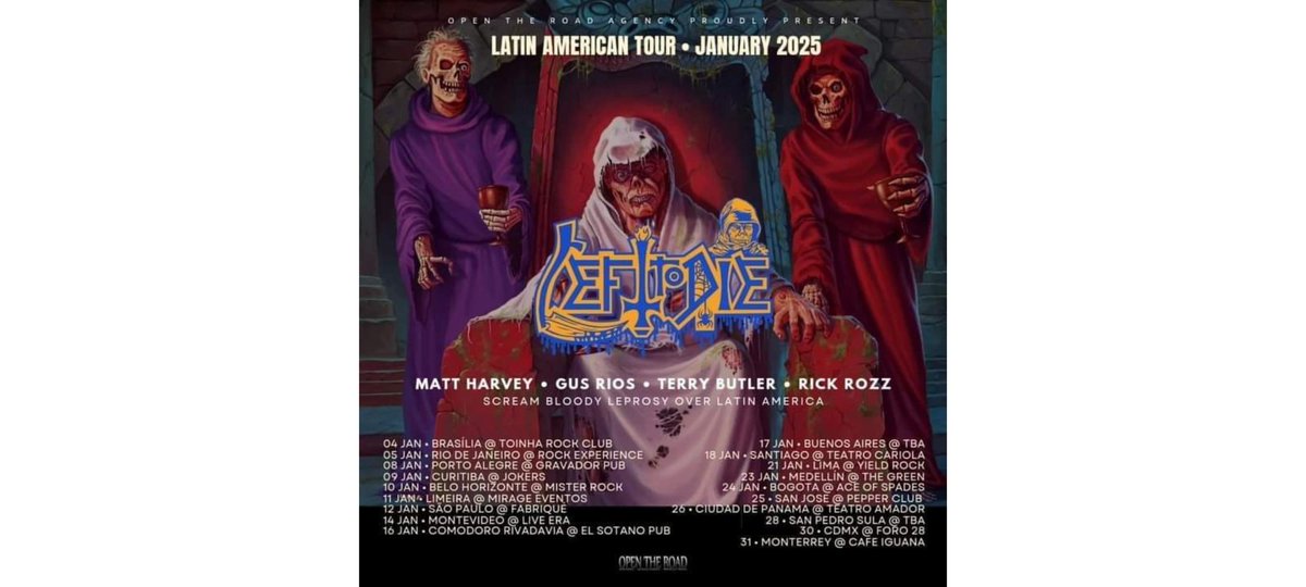 TerryButler67's tweet image. THRASH ALERT 🤘🏻👹🤘🏻 

Very stoked to have Nasty Savage Wage of Mayhem sharing the stage with Left To Die on our upcoming SCREAM BLOODY LEPROSY ACROSS LATIN AMERICA TOUR ! 

Don't miss out !
Get your tickets now !!

#lefttodie #leprosy #screambloodygore 
#getoffyourass