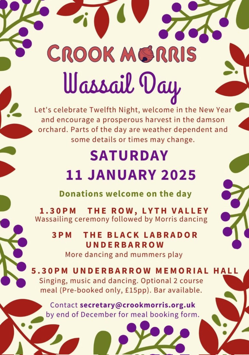 Encourage a prosperous harvest in the #damson #orchard - join Crook Morris for their Wassail Day on Saturday 11th January 1.30pm+, in the Lyth Valley near #Kendal #wassail #twelfthnight #morrisdancing #mummers #mumming #Cumbria #Crosthwaite