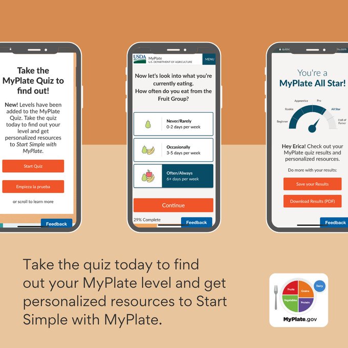USDA_FNS's tweet image. Is your New Year’s resolution to eat healthier? Take the MyPlate quiz for free resources and tools based on your current eating habits. #WhatsOnMyPlate myplate.gov/myplate-quiz