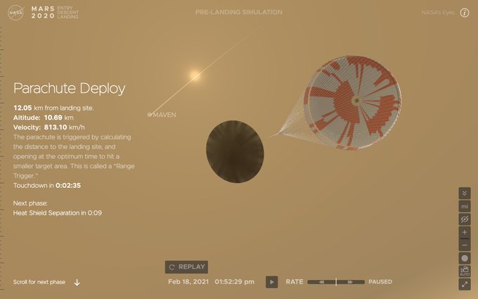 Screenshot of web application showing a detailed simulated view of one stage of the Perseverance landing sequence, as the parachute deployed above the capsule carrying the rover to the surface.