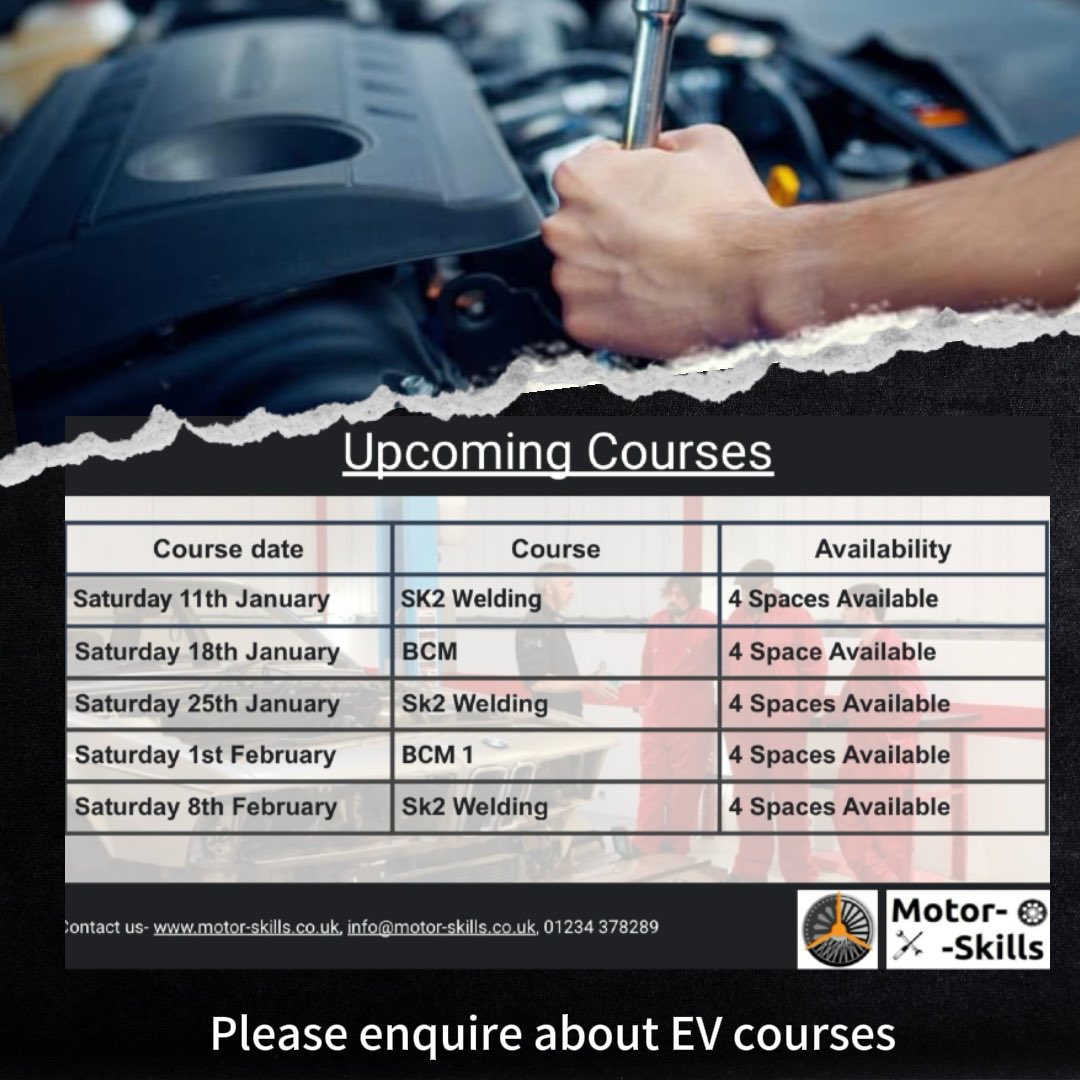 Motor Skills Training (@motorskillsuk) on Twitter photo Ready to kick start the new year with new skills? Book before the end of January to enjoy 5% off selected courses!
Contact us now to find out more:
☎️01234 378289
✉️info@motor-skills.co.uk
🌐motor-skills.co.uk
#practicalskills #carmaintenance #welding #automotivetraining Ready to kick start the new year with new skills? Book before the end of January to enjoy 5% off selected courses!
Contact us now to find out more:
☎️01234 378289
✉️info@motor-skills.co.uk
🌐motor-skills.co.uk
#practicalskills #carmaintenance #welding #automotivetraining