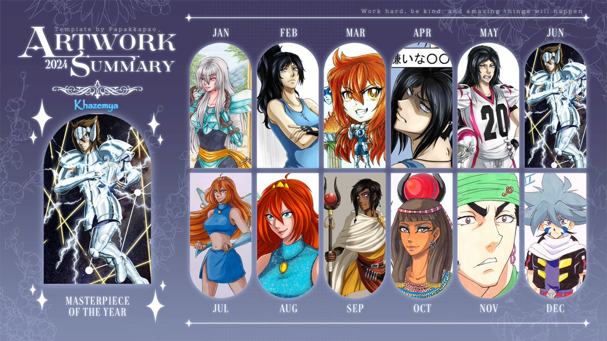 Here is my #summaryofart2024!

This year again, I drawn one artwork per month, but I tried to draw less about Saint Seiya and more about others manga/animes I like!

This year was quite difficult, cuz health issues, but I'm better now!

So I hope you like it and Happy New Year!