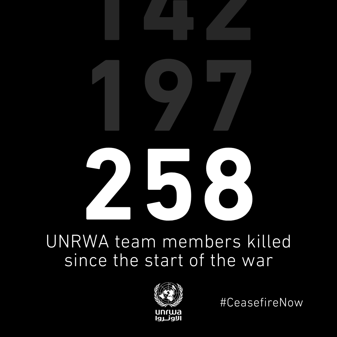 As 2024 ends, we honour the memory of all humanitarians killed this year.

Among them, we grieve the UNRWA colleagues killed in #Gaza. We have now lost 258 team members since the war began.

#NotATarget #CeasefireNow