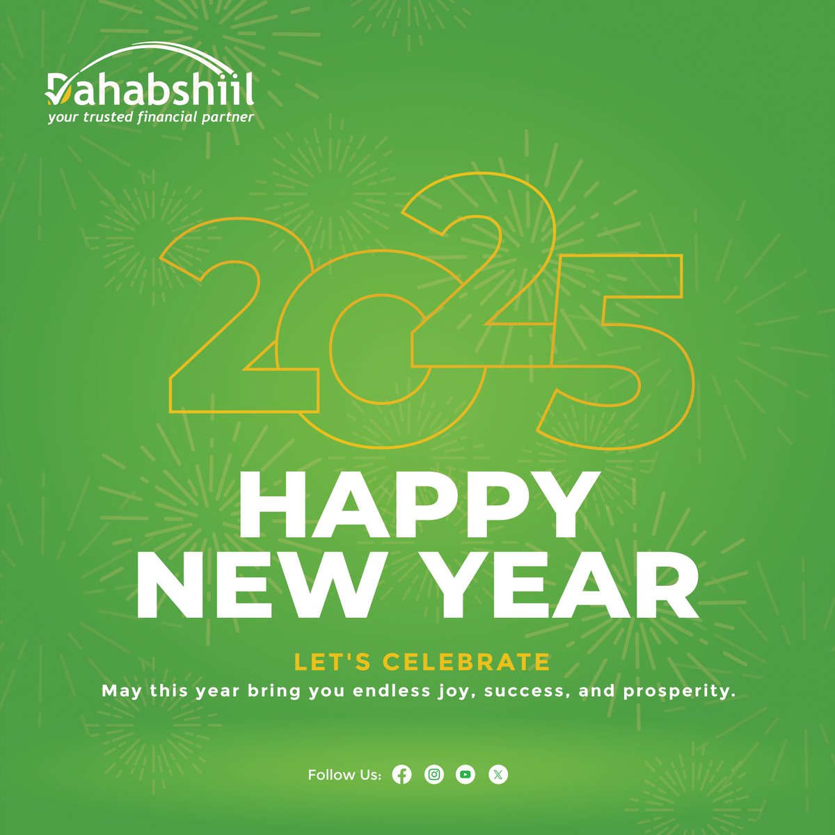 Happy New Year 2025 from all of us at Dahabshiil!

As we welcome 2025, we want to express our gratitude for trusting us to connect communities and empower lives worldwide. Here’s to a year filled with prosperity, success, and endless opportunities.

May this new year bring you