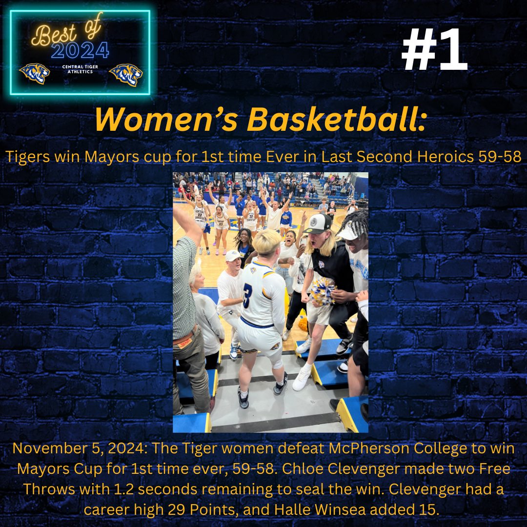 #1: Women’s Basketball wins Mayors cup for 1st time EVER with 59-58 win over McPherson College. Chloe Clevenger’s 2 Free Throws with 1.2 seconds left seals the historic win. Clevenger scores 29 &amp; Hallee Winsea adds 15. ⁦<a href="/cccktigers/">Central Christian</a>⁩ ⁦<a href="/JoelMuhs_/">Joel Muhs</a>⁩ ⁦<a href="/CCCTigersWBB/">CCC Tigers WBB</a>⁩