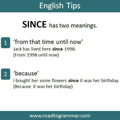📍"SINCE “ لها معنيين: 

إما "مُنذُ" أو "بسبب، لأن " 

🔴 ماهو معناها في المثال التالي 👇🏻

Since her husband hated holidays so much, she decided to go on her own.

#Rانجليزيات