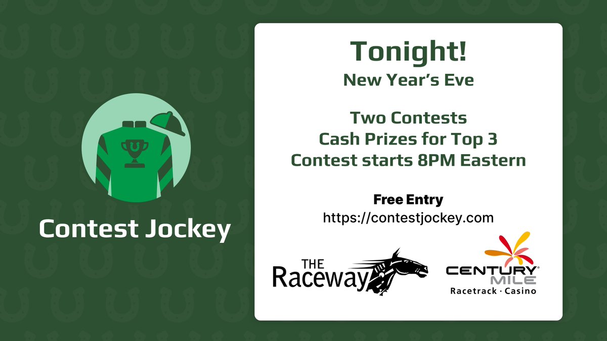 playcontests's tweet image. Celebrating the end of 2024 with TWO contests tonight starting at 8 PM Eastern.

Cash prizes for both contests with FREE entry. Don't miss out on two chances at prizes!

Contest for @TheRacewayWFD:
contestjockey.com/contest/wester…

Contest for @cntymile:
contestjockey.com/contest/centur…