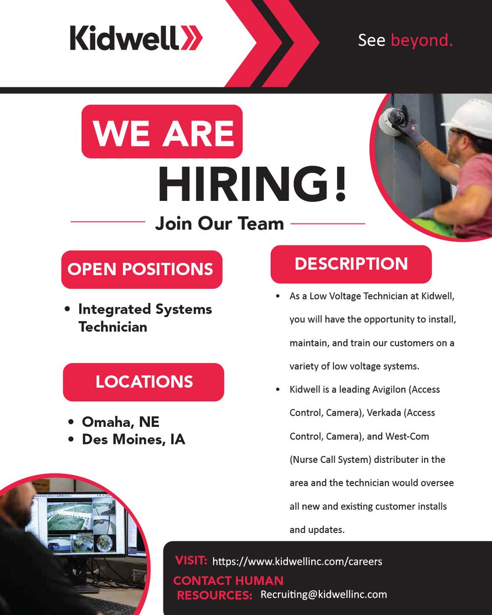 Kidwell is looking for talented Integrated Systems Technicians to join our team in Omaha, NE and Des Moines, IA! If you're ready to be part of a dynamic team and grow your career, apply today!
🔗 Find out more and apply now: kidwellinc.com/careers