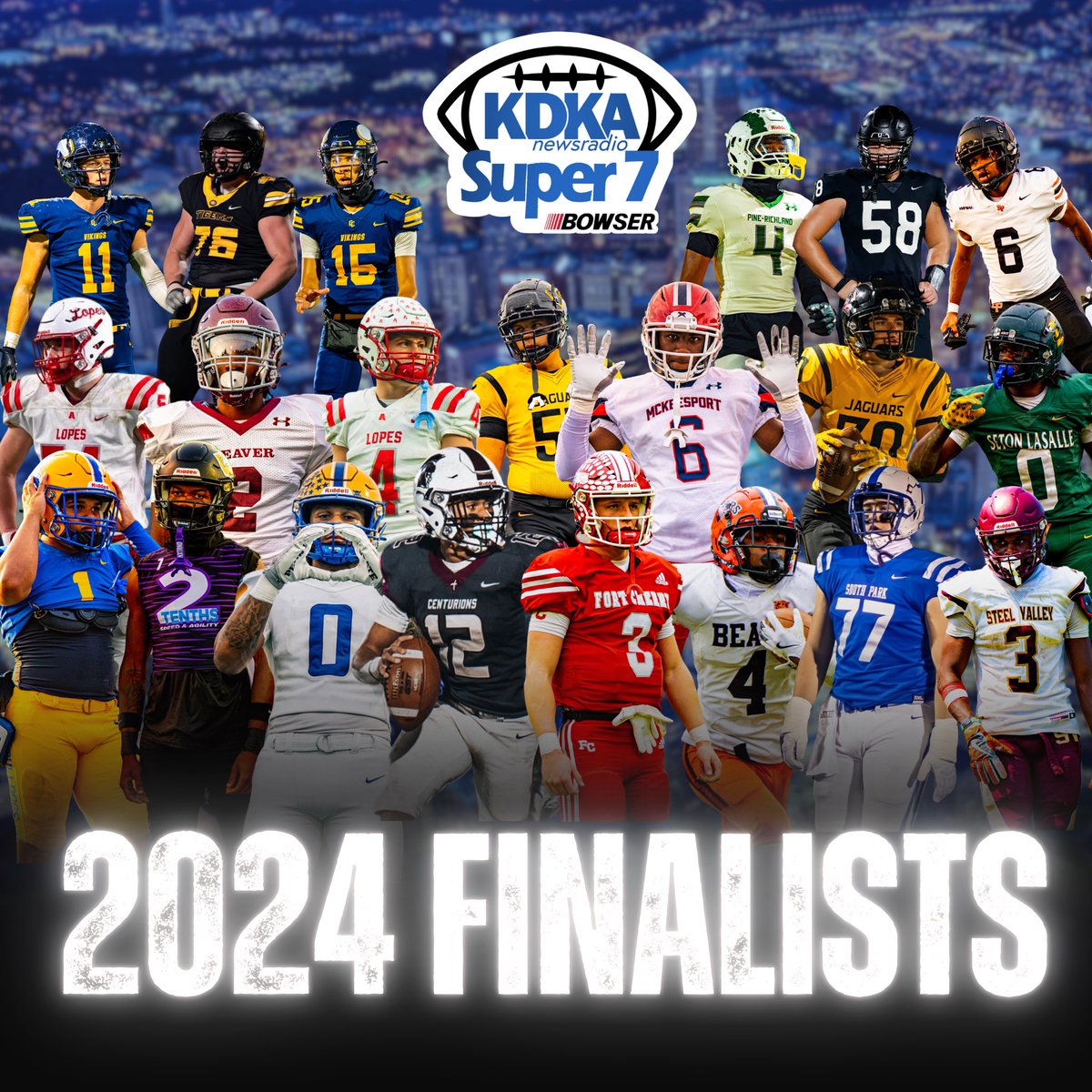 Introducing your 2024 #KDKASuper7 Finalists‼️👀

All had phenomenal seasons in the WPIAL &amp; City League, but only seven will join the prestigious Super 7 fraternity🏆

Voting goes live New Year’s Day on KDKARadio.com!

#KDKAFridayNightLights #PowerofBowser #WPIAL