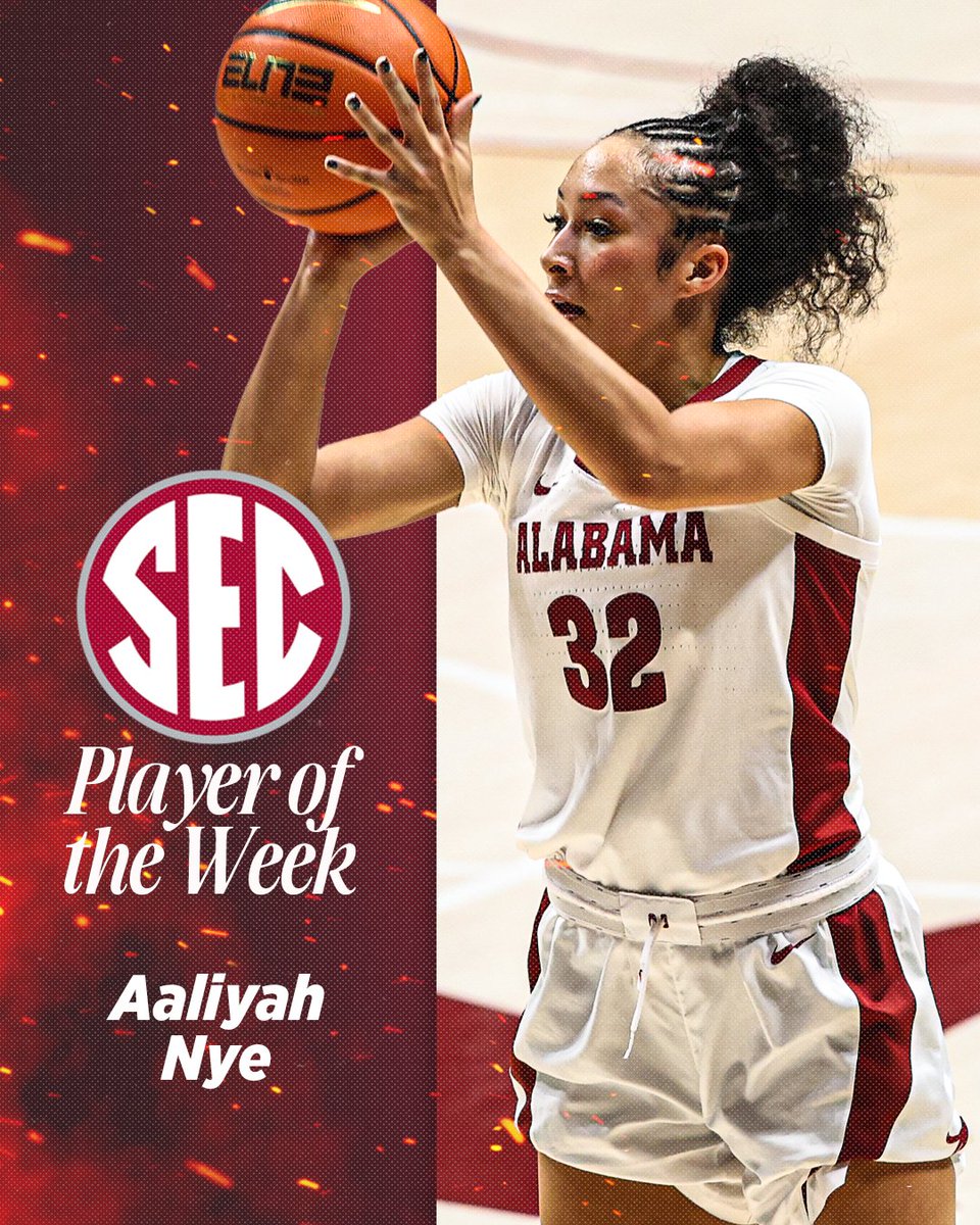 Sharpshooter🤝SEC Player of the Week

📰 bit.ly/3DzbiYH

#RollTide #GLG | <a href="/aaliyah_nye/">Aaliyah Nye</a>