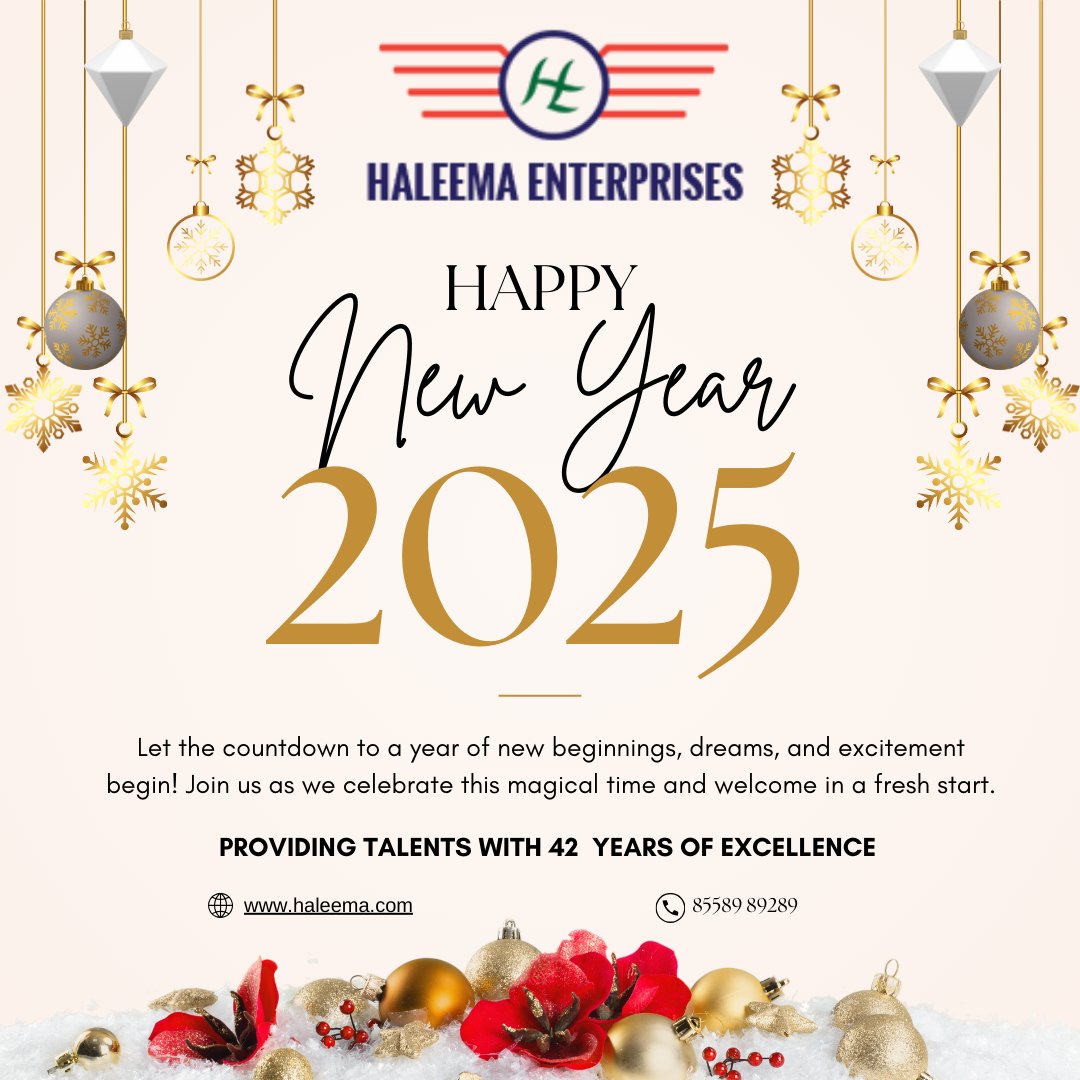 haleemaent1981's tweet photo. 🎉 Happy New Year 2025! 🌟

As we welcome a year of new beginnings, Haleema Enterprises proudly celebrates #42yearsofexcellence in connecting talents with #globalopportunities. Here's to a year filled with success, dreams, and fresh starts!
#HappyNewYear2025 #FreshBeginnings https://t.co/a6zcwUFW4v