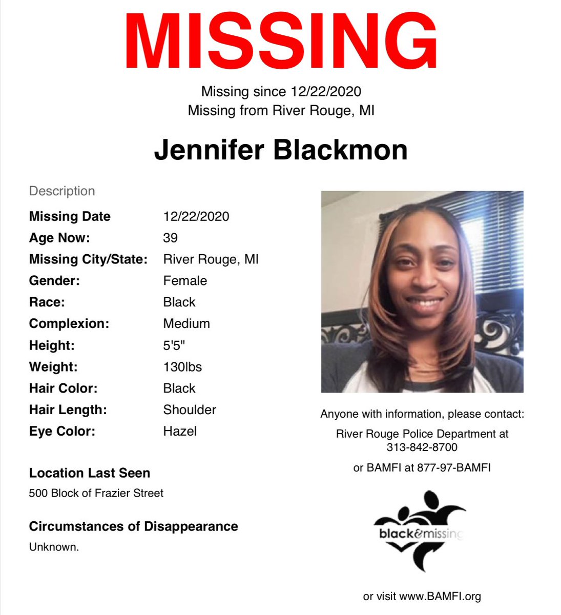 BAM_FI's tweet image. Dec 22 marked the 4-year anniversary of now 39y/o #JenniferBlackmon’s disappearance. She was last seen on the 500blk of Frazier Street on Dec 22, 2020 in #RiverRouge, #MI. She was last seen wearing a black trench coat, scarf, and black boots.
Please SHARE to #HelpUsFindJennifer