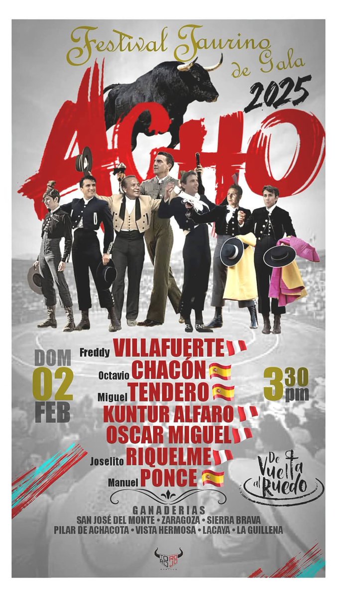 Lima en <a href="/plazadeacho/">Plaza de Toros Acho</a> anuncian un festival de gala el domingo 2 de febrero con reses de distintas  ganaderías para Freddy Villafuerte, <a href="/octaviochaconof/">Octavio Chacón</a>, <a href="/MiguelTend/">Miguel Tendero</a>, <a href="/kunturalfaro/">kuntur alfaro</a>, Óscar Miguel, Joselito Riquelme y <a href="/ManuelPonce_/">Manuel Ponce</a> <a href="/portaltaurino/">Portal Taurino</a>