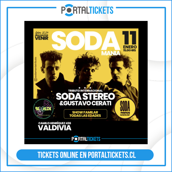 rockywrestling's tweet photo. Código de 10% de descuento DESC76804 tickets online en: https://t.co/xJ2f2WEpLJ
TRIBUTO A SODA STEREO &amp; CERATI EN BIVALDI, VALDIVIA
Te invitamos a asistir y a compartir este evento!

#musicachilena #portaldisc #portaltickets https://t.co/P8aKL9YBO5